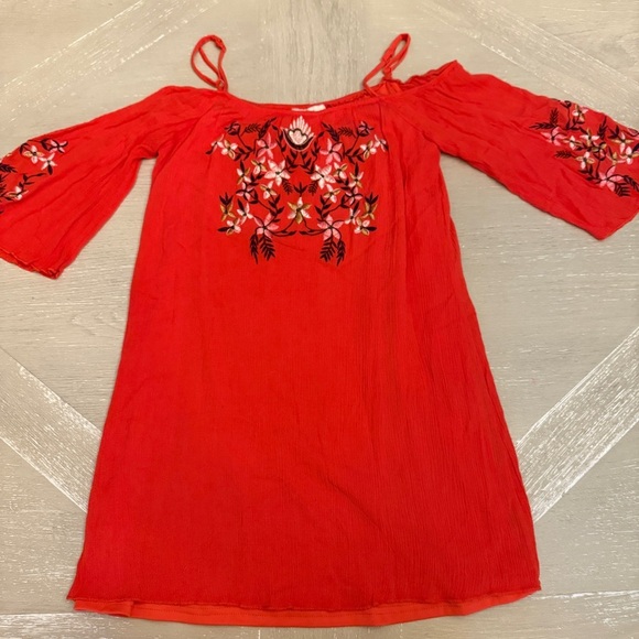 Rebellion Red Orange Off-Shoulder Mini Sundress for Casual Wear - Picture 1 of 6